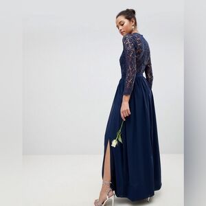 Club L London Navy Blue High Neck Crochet Lace Maxi Dress